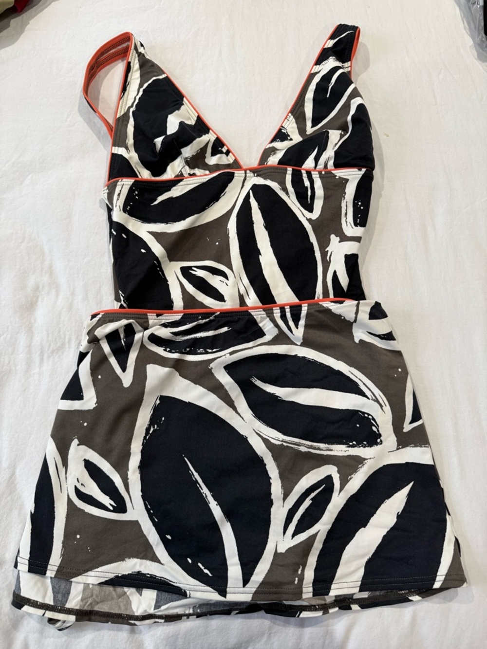 Dkny Black White Abstract two-Piece Swimsuit with Coral Trim and matching sarong